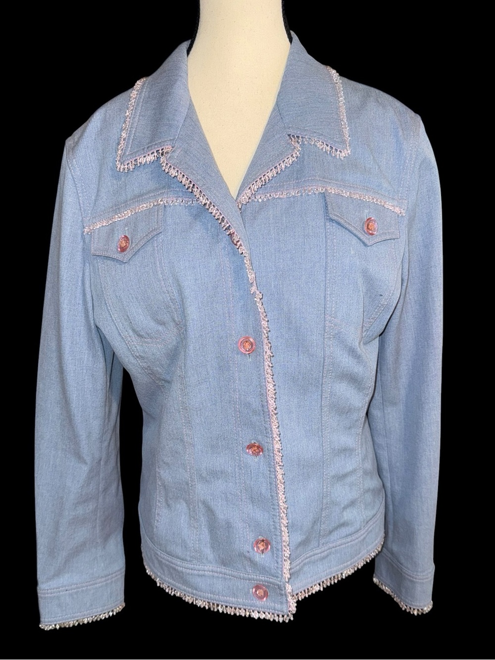ESCADA Womens 42 Blue Denim Jacket Pink Crystal Beaded Trim Jeweled Luxury